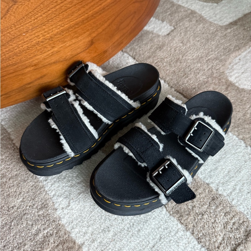 NWOT! Dr. Martens Myles Suede Buckle Sandals with Faux Fur Lining - Picture 3 of 8